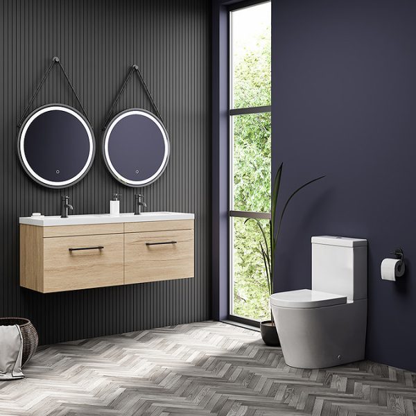 Arezzo Rustic Oak Wall Hung Double Basin Vanity Unit (1205mm w. Matt Black Handles) - Image 2