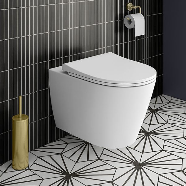 Arezzo Rimless Wall Hung Toilet (incl. Slim Soft Close Seat with Brushed Brass Hinges) - Image 4