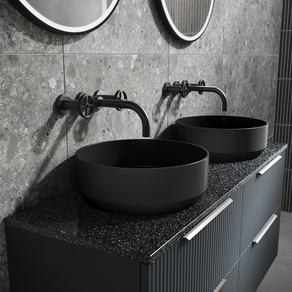 Venice Fluted Satin Anthracite Wall Hung Double Countertop Vanity Unit incl. 2 Matt Black Basins (1200mm w. Chrome Handles) - Image 3