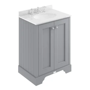 Bayswater Plummett Grey 600mm 2 Door Vanity Unit & 3TH White Marble Basin Top