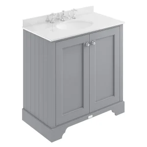 Bayswater Plummett Grey 800mm 2 Door Vanity Unit & 3TH White Marble Basin Top