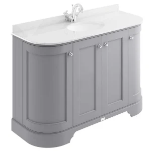 Bayswater Plummett Grey Curved 1200mm 4 Door Vanity Unit & 1TH White Marble Single Bowl Basin Top