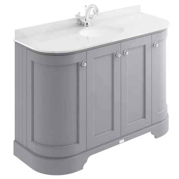 Bayswater Plummett Grey Curved 1200mm 4 Door Vanity Unit & 1TH White Marble Single Bowl Basin Top