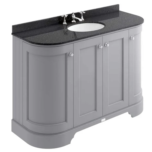 Bayswater Plummett Grey Curved 1200mm 4 Door Vanity Unit & 3TH Black Marble Single Bowl Basin Top