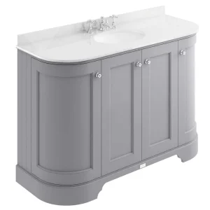 Bayswater Plummett Grey Curved 1200mm 4 Door Vanity Unit & 3TH White Marble Single Bowl Basin Top