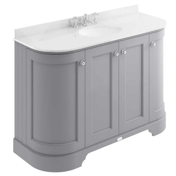 Bayswater Plummett Grey Curved 1200mm 4 Door Vanity Unit & 3TH White Marble Single Bowl Basin Top