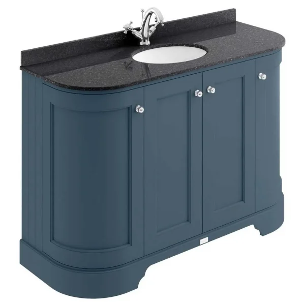 Bayswater Stiffkey Blue Curved 1200mm 4 Door Vanity Unit & 1TH Black Marble Single Bowl Basin Top