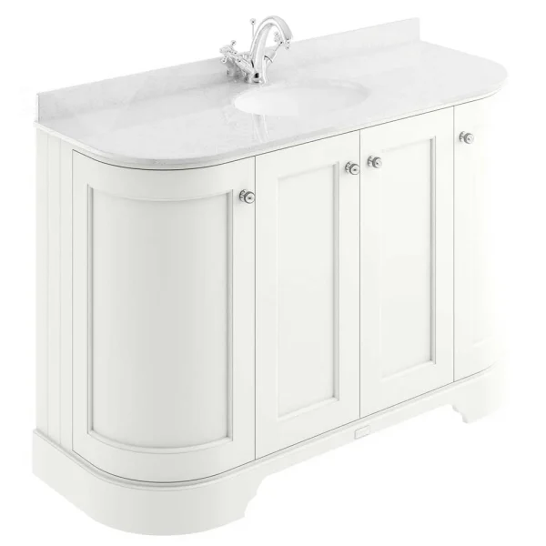 Bayswater Pointing White Curved 1200mm 4 Door Vanity Unit & 1TH White Marble Single Bowl Basin Top