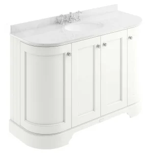 Bayswater Pointing White Curved 1200mm 4 Door Vanity Unit & 3TH White Marble Single Bowl Basin Top