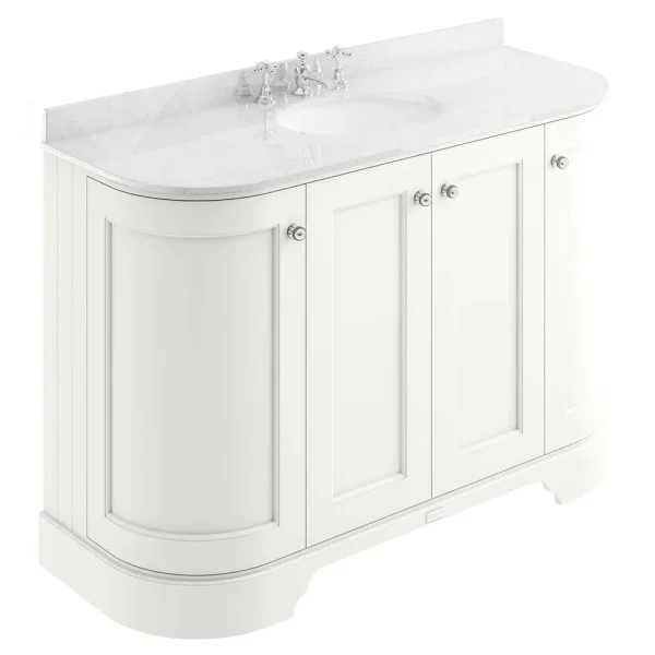 Bayswater Pointing White Curved 1200mm 4 Door Vanity Unit & 3TH White Marble Single Bowl Basin Top