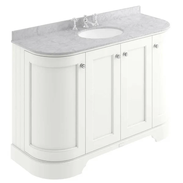 Bayswater Pointing White Curved 1200mm 4 Door Vanity Unit & 3TH Grey Marble Single Bowl Basin Top
