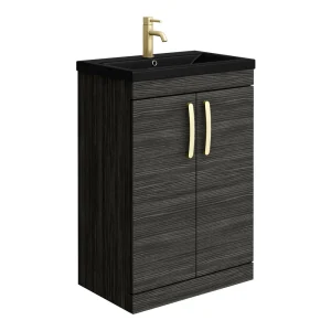 Brooklyn 600mm Black Floor Standing Vanity Unit with Matt Black Basin + Brass Handles
