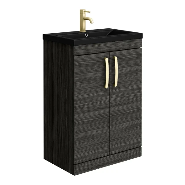 Brooklyn 600mm Black Floor Standing Vanity Unit with Matt Black Basin + Brass Handles
