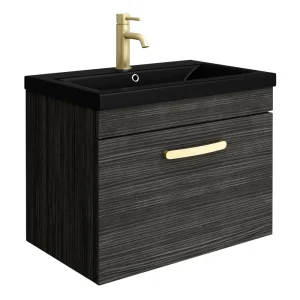Brooklyn 600mm Black Wall Hung 1 Drawer Vanity Unit with Matt Black Basin + Brass Handle