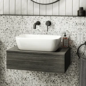 Brooklyn Floating Basin Shelf with Drawer   Black   600mm incl. Curved Rectangular Basin