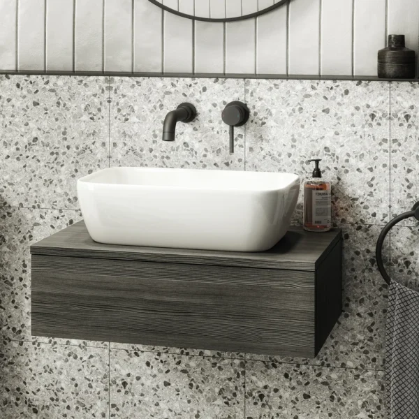 Brooklyn Floating Basin Shelf with Drawer   Black   600mm incl. Curved Rectangular Basin