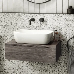 Brooklyn Floating Basin Shelf with Drawer   Grey Avola   600mm incl. Curved Rectangular Basin