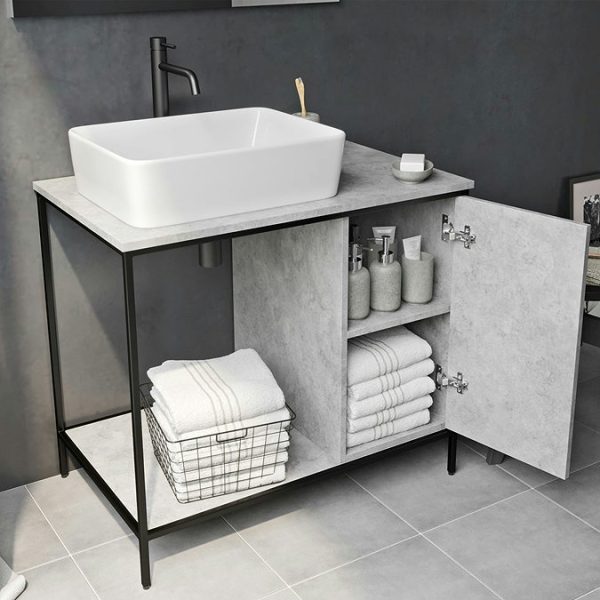 Mode Bergne 812mm Concrete Grey Worktop with Black Steel Framed Washstand - Image 4