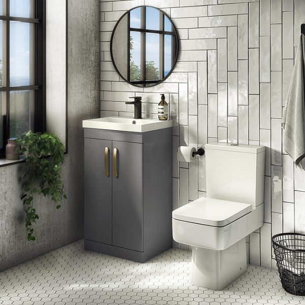 Brooklyn 500mm Gloss Grey Vanity Unit with Brushed Brass Handles - Image 2