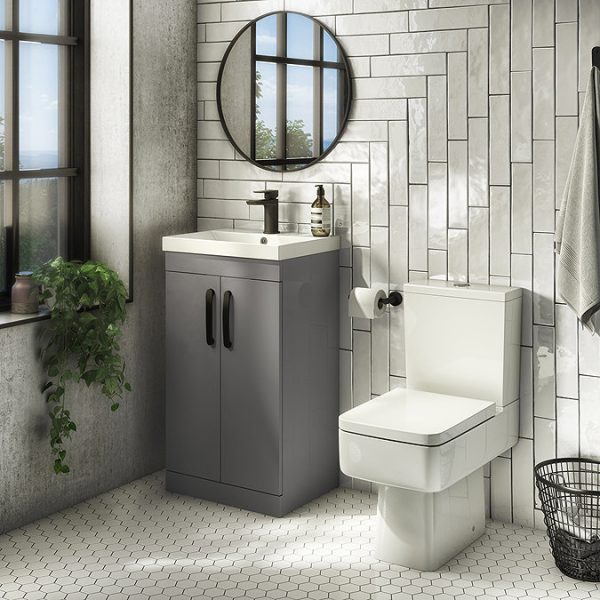 Brooklyn Gloss Grey Vanity Unit   500mm Wide with Matt Black Handles - Image 2