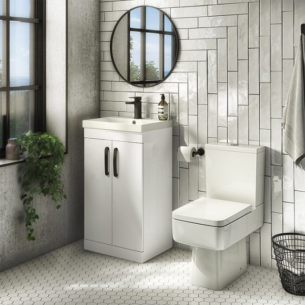 Brooklyn Gloss White Vanity Unit   500mm Wide with Matt Black Handles - Image 2