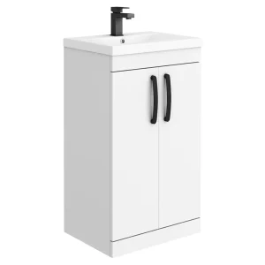 Brooklyn Gloss White Vanity Unit   500mm Wide with Matt Black Handles