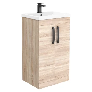 Brooklyn Natural Oak Vanity Unit   500mm Wide with Matt Black Handles