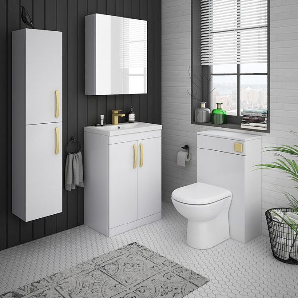Brooklyn 500mm Gloss White Vanity Unit with Brushed Brass Handles - Image 2