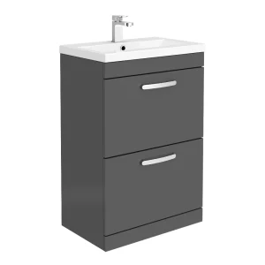 Brooklyn 600mm Gloss Grey Vanity Unit   Floor Standing 2 Drawer Unit