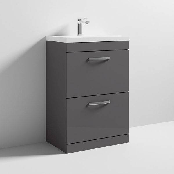 Brooklyn 600 Gloss Grey Floor Standing 2 Drawer Vanity Unit with Thin Edge Basin - Image 2