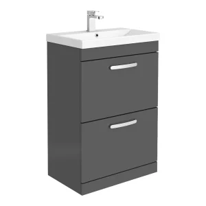Brooklyn 600 Gloss Grey Floor Standing 2 Drawer Vanity Unit with Thin Edge Basin