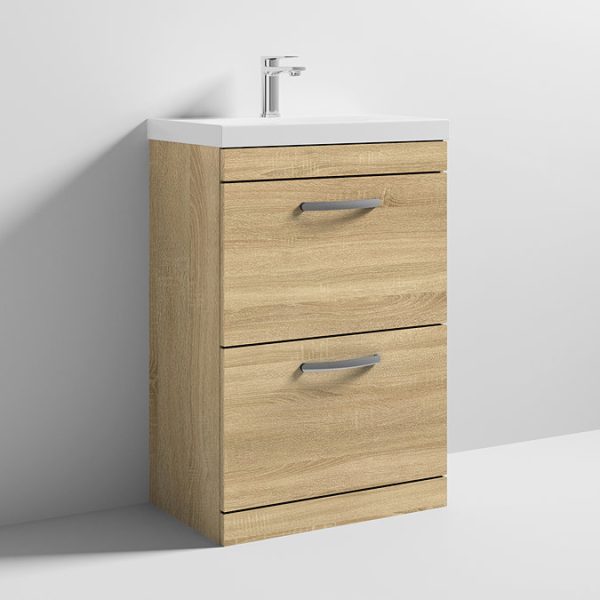 Brooklyn 600 Natural Oak Floor Standing 2 Drawer Vanity Unit with Thin Edge Basin - Image 2