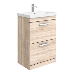 Brooklyn 600 Natural Oak Floor Standing 2 Drawer Vanity Unit with Thin Edge Basin
