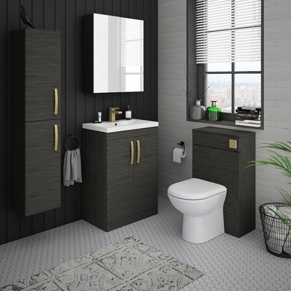 Brooklyn 600mm Black Vanity Unit with Brushed Brass Handles - Image 2