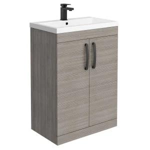 Brooklyn Grey Avola Vanity Unit   600mm Wide with Matt Black Handles