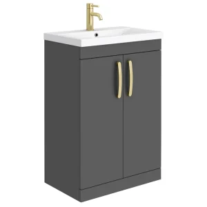 Brooklyn 600mm Gloss Grey Vanity Unit with Brushed Brass Handles
