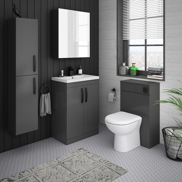 Brooklyn Gloss Grey Vanity Unit   600mm Wide with Matt Black Handles - Image 2