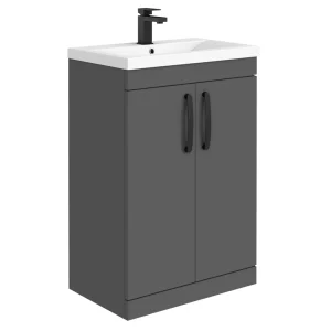 Brooklyn Gloss Grey Vanity Unit   600mm Wide with Matt Black Handles