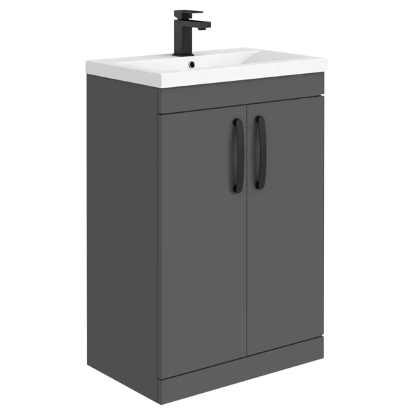 Brooklyn Gloss Grey Vanity Unit   600mm Wide with Matt Black Handles
