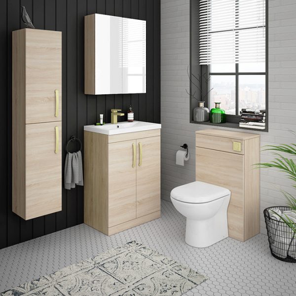 Brooklyn 600mm Natural Oak Vanity Unit with Brushed Brass Handles - Image 2