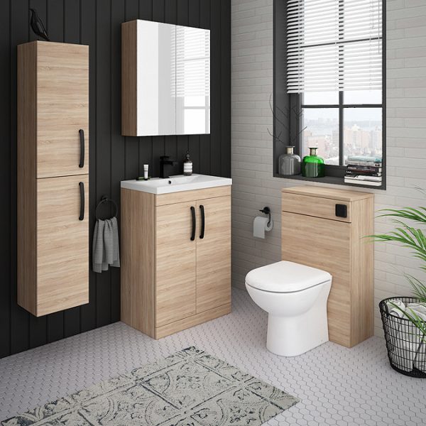 Brooklyn Natural Oak Vanity Unit   600mm Wide with Matt Black Handles - Image 2