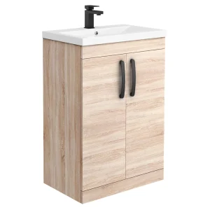 Brooklyn Natural Oak Vanity Unit   600mm Wide with Matt Black Handles