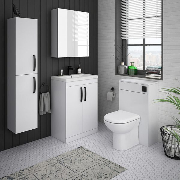 Brooklyn Gloss White Vanity Unit   600mm Wide with Matt Black Handles - Image 2