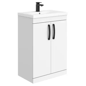 Brooklyn Gloss White Vanity Unit   600mm Wide with Matt Black Handles