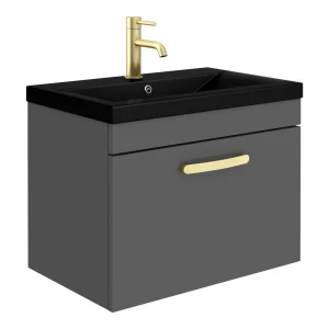 Brooklyn 600mm Gloss Grey Wall Hung 1 Drawer Vanity Unit with Matt Black Basin + Brass Handle