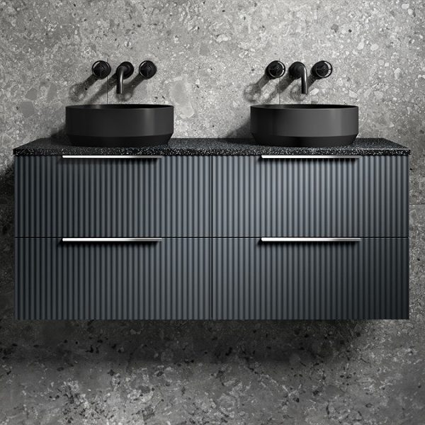 Venice Fluted 1205mm Satin Anthracite Vanity Unit   Wall Hung 4 Drawer Unit with Sparkling Black Worktop & Chrome Handles - Image 3