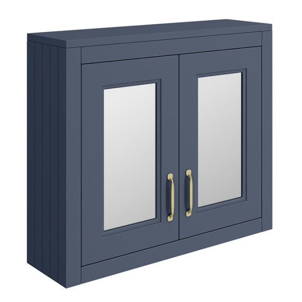 Chatsworth 690mm Blue 2 Door Mirror Cabinet with Brushed Brass Handles - Image 3
