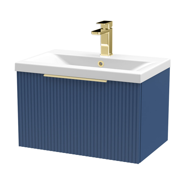 Venice Fluted 600mm Blue Vanity Unit   Wall Hung Single Drawer Unit with Brushed Brass Handle