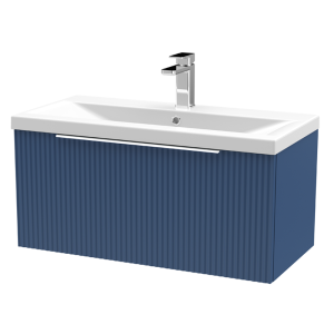 Venice Fluted 800mm Blue Vanity Unit   Wall Hung Single Drawer Unit with Chrome Handle