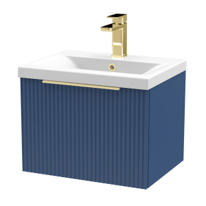 Venice Fluted 500mm Blue Vanity Unit   Wall Hung Single Drawer Unit with Brushed Brass Handle
